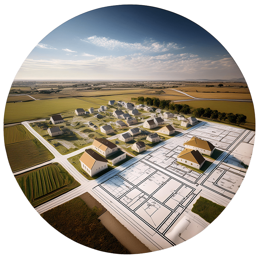 exploatering - bild på ett villaområde ovanifrån med en kartskiss