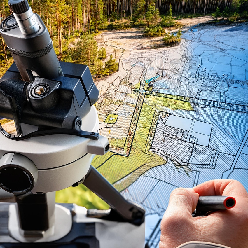 Mätinstrument och kartunderlag vid analys av markområde inför förrättning.