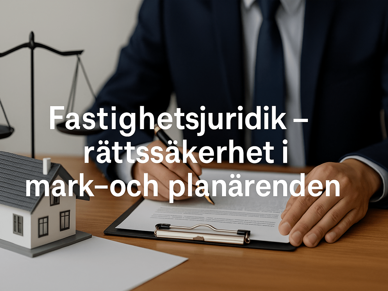 Jurist vid skrivbord med modellhus, vågskål och juridiska dokument – symboliserar fastighetsjuridik och rättssäkerhet.