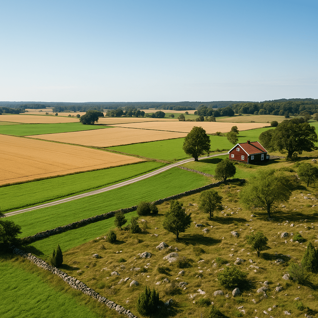 Hus beläget i jordbrukslandskap vilket kan vara svårt att erhålla bygglov för idag utifrån skyddet av jordbruksmark