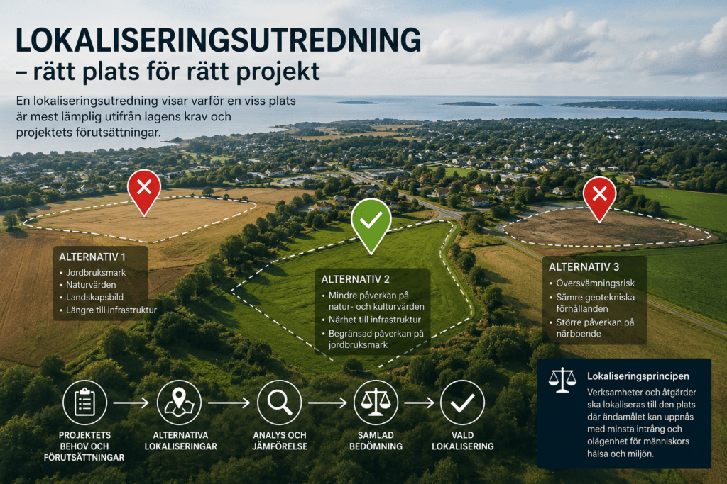 En lokaliseringsutredning syftar till att identifiera och jämföra olika alternativa lokaliseringar för att säkerställa att den valda platsen är den mest lämpliga utifrån lagstiftningens krav och projektets förutsättningar.
